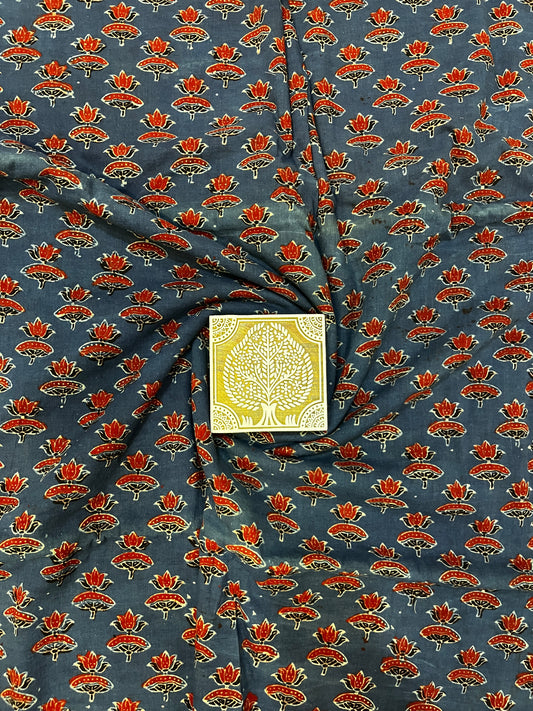 Red Lotus Print on Indigo Blue