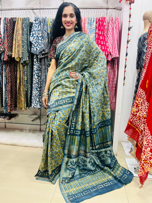 Chanderi Silk Saree in Dabo & Ajrakh Print